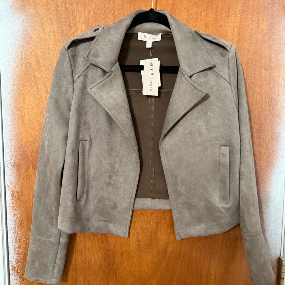 Philosophy Taupe Suede Cropped Moto Jacket